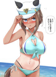 1girl absurdres armpits blue_eyes blush breasts brown_hair cheval_grand_(umamusume) cleavage collarbone commentary gryebooks hat highres horse_girl large_breasts looking_at_viewer navel ocean solo sweat swimsuit tan tanline translated umamusume wet white_background