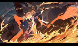 1girl aiguillette aijou_karen belt belt_buckle blue_jacket brown_hair buckle burning burning_clothes burning_paper closed_mouth commentary_request cowboy_shot crown dagger epaulettes expressionless eyelashes fire floating floating_clothes floating_hair floating_object floating_weapon gem glint hands_up highres holding holding_sword holding_weapon jacket knife letter looking_at_viewer mini_crown multicolored_jacket outstretched_arm pleated_skirt possibility_of_puberty_(sword) qisu_zhang red_eyes red_gemstone red_jacket red_skirt sash short_hair short_twintails shoujo_kageki_revue_starlight shoulder_sash sidelighting single_horizontal_stripe skirt solo string sword tassel tilted_headwear tokyo_tower twintails two-tone_jacket weapon white_sash white_sleeve_cuffs wide_shot yellow_belt