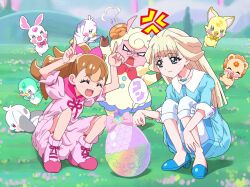 2girls anger_vein blank_eyes blonde_hair blue_dress blue_eyes blue_footwear boots bow brown_hair capri_pants closed_eyes collared_dress commentary_request daifuku_(precure) day dress egg hair_bow half_updo highres hooded_dress index_fingers_together inukai_komugi jewelry kirarin_bear kirarin_fox kirarin_penguin kirarin_rabbit kirarin_swan long_hair masaru_(win800) medium_dress mehmeh_(wonderful_precure!) multiple_girls necklace nekoyashiki_yuki outdoors pants pants_under_dress partial_commentary pink_boots pink_bow pink_dress precure rabbit shoes short_sleeves split_ponytail v-shaped_eyes white_pants wonderful_precure!