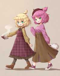 2girls :d arinu bag benimo-chan beret blonde_hair bright_pupils brown_background brown_dress brown_footwear brown_headwear dress food from_side full_body green_eyes hat highres holding holding_bag holding_food long_sleeves looking_at_viewer multiple_girls one_side_up open_mouth original pink_hair pink_shirt plaid_clothes plaid_dress purple_footwear red_dress roasted_sweet_potato shirt simple_background smile sweet_potato v walking white_pupils yakiimo-chan yellow_shirt