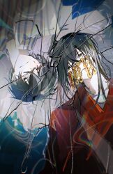 Rule 34 | 2boys, aaawwwssslll, alternate universe, black hair, blood, bloody tears, broken glass, chinese clothes, chinese commentary, closed mouth, coin, coin mask, collared shirt, crack, dao gui yi xian, dual persona, glass, hair between eyes, hanfu, highres, holed coin, li huowang, li huowang (modern world), long hair, long sleeves, looking at viewer, lying, male focus, mask, mouth veil, multiple boys, official alternate costume, official alternate hair length, official alternate hairstyle, on back, one eye closed, red hanfu, ripples, rotational symmetry, shirt, short hair, smile, striped clothes, striped shirt, swirl, transparent, upper body, upside-down, veil, vertical-striped clothes, vertical-striped shirt, water