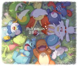 animal_ear_fluff anniversary arms_behind_head arms_up artist_name border buck_teeth character_doll charmander circle_formation closed_eyes closed_mouth commentary copyright_name doll dragon_star213 drooling fangs fennekin from_above gen_1_pokemon gen_2_pokemon gen_3_pokemon gen_4_pokemon gen_5_pokemon gen_6_pokemon gen_7_pokemon gen_8_pokemon grass head_rest highres hug hugging_doll hugging_object lying mouth_drool nintendo no_humans on_back on_grass on_side open_mouth outdoors piplup poke_ball poke_ball_(basic) pokemon pokemon_(creature) popplio quaxly rotom rotom_dex scorbunny shadow smile snivy teeth totodile tree_shade treecko twitter_username white_border