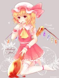 1girl ascot bad_id bad_pixiv_id blonde_hair crystal female_focus flandre_scarlet food food_on_face fruit hat hat_ribbon highres jam mob_cap moyasinobaka9627 niseneko_(mofumofu_ga_ienai) red_eyes ribbon short_sleeves side_ponytail solo spoon strawberry touhou wings wrist_cuffs