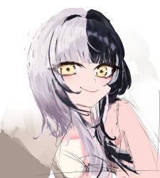 1girl black_hair closed_mouth grey_hair hashtag-only_commentary highres hololive hololive_english kozimo123456 long_hair looking_at_viewer multicolored_hair shiori_novella smile solo split-color_hair two-tone_hair virtual_youtuber yellow_eyes