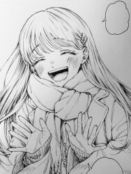 Rule 34 | 1girl, absurdres, blank speech bubble, blush, choppy bangs, closed eyes, coat, commentary request, fingernails, graphite (medium), hair ornament, hairclip, hands up, happy, highres, kaoru hana wa rin to saku, long hair, long sleeves, mikami saka, monochrome, official art, open mouth, palms, photo (medium), scarf, sleeves past wrists, smile, solo, speech bubble, spread fingers, straight hair, sweater, swept bangs, teeth, tongue, traditional media, upper body, upper teeth only, waguri kaoruko