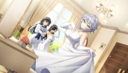 Rule 34 | 3girls, arm up, black hair, breasts, chuunibyou, cleavage, closed eyes, closed mouth, day, dolphin wave, dress, earrings, elbow gloves, flat chest, formal clothes, gloves, green eyes, grey hair, hagane otsuki, hair over one eye, hand on own hip, highres, indoors, jewelry, kurose minami, large breasts, light blush, long hair, looking at mirror, medium breasts, mirror, multiple girls, necklace, non-web source, official art, ootomo takuji, open mouth, pearl necklace, purple streaks, sarah anthony, short hair, single hair streak, skirt hold, smile, sparkle, suit, sunlight, tiara, tuxedo, wedding dress, white suit