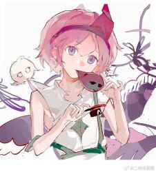 Rule 34 | 1other, androgynous, bare arms, bare shoulders, biting another&#039;s clothes, black hat, chinese commentary, collarbone, commentary request, corallo, creature, cropped torso, dress, eating, energy wings, enraku tsubakura, expressionless, eye of senri, eyelashes, flower, ghost (len&#039;en), hat, head tilt, holding, holding creature, holding unworn clothes, holding unworn hat, houlen yabusame, japanese clothes, len&#039;en, looking ahead, other focus, pink hair, purple eyes, purple flower, purple wings, shion (len&#039;en), short hair, simple background, sleeveless, sleeveless dress, strap slip, suspenders, top hat, triangular headpiece, unworn hat, unworn headwear, watermark, weibo watermark, white background, white dress, wings