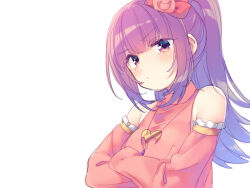 Rule 34 | 1girl, bad id, bad pixiv id, bare shoulders, blunt bangs, blush, closed mouth, crossed arms, detached sleeves, flower, hair flower, hair ornament, hanazono shuka, idol time pripara, jewelry, long hair, looking at viewer, n (m ohkamotoh), necklace, pink shirt, ponytail, pretty series, pripara, purple eyes, purple hair, shirt, simple background, solo, upper body, white background