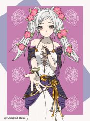 Rule 34 | 1girl, archlord haku, armpit crease, artist name, bare arms, bare shoulders, bracelet, breasts, brown eyes, capelet, cleavage, clenched hand, collarbone, dress, eyelashes, facing viewer, female focus, female robin (fire emblem), female robin (valentine) (fire emblem), fingerless gloves, fingernails, fire emblem, fire emblem awakening, fire emblem heroes, floral background, flower, flower bracelet, gloves, hair flower, hair ornament, halterneck, hand on own chest, happy, highres, jewelry, light blush, long dress, long hair, looking at viewer, medium breasts, neck, nintendo, offering hand, official alternate costume, outstretched arm, rope belt, sidelocks, sleeveless, sleeveless dress, smile, spaghetti strap, standing, swept bangs, tight clothes, tight dress, twintails, white hair