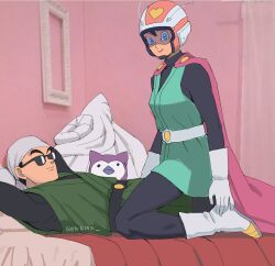 1boy 1girl absurdres bandana bed black_hair blue_eyes cape couple dragon_ball genniax great_saiyaman great_saiyaman_2 happy helmet highres sitting sitting_on_person smile son_gohan sunglasses super_heroes videl