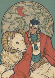 1boy 1other bird black_hair blue_neckerchief bracelet dark-skinned_male dark_skin earrings facial_mark headband highres horns jewelry jojo_no_kimyou_na_bouken magician&#039;s_red male_focus mohammed_avdol neckerchief necklace red_robe ringodraws robe sheep sitting smile solo stand_(jojo) stardust_crusaders white_headband