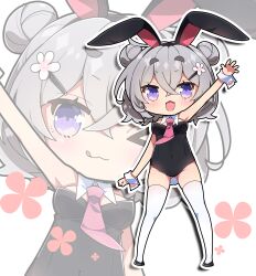 &gt;_o 1girl :d ;3 ;q absurdres animal_ears arm_up bare_shoulders black_hairband black_leotard black_shoes breasts cevio chibi commentary_request covered_navel double_bun fake_animal_ears fang flower gluteal_fold grey_hair groin hair_between_eyes hair_bun hair_flower hair_ornament hairband hairclip highres koharu_rikka leotard medium_breasts milkpanda multiple_views necktie one_eye_closed open_mouth outline pink_flower pink_necktie playboy_bunny rabbit_ears shoes short_eyebrows simple_background smile strapless strapless_leotard thick_eyebrows thighhighs tongue tongue_out white_background white_outline white_thighhighs wrist_cuffs zoom_layer