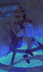 2girls absurdres bare_arms bare_shoulders belt black_belt black_shoes blue_skirt blue_vest boots cape closed_eyes coat coattails collared_cape commentary dark die_(die0118) epaulettes expressionless eyes_visible_through_hair frilled_shirt frills full_body fur-trimmed_skirt fur-trimmed_sleeves fur_trim gloves grey_hair hair_over_one_eye hair_spread_out hat highres izumi_kanagi knees_up light_particles lying magical_girl mahou_shoujo_madoka_magica mahou_shoujo_madoka_magica_(anime) military_uniform mini_hat miniskirt monocle multiple_girls o-ring o-ring_belt on_floor on_side pantyhose pencil_skirt pointy_nose ponytail shirt shoes short_hair sidelocks sitting skirt skirt_set sleeveless sleeveless_shirt stained_glass thigh_boots vest wariza wavy_hair white_boots white_cape white_coat white_gloves white_hair white_hat white_pantyhose white_shirt white_skirt yakumo_mitama