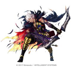 1boy 2017 black_footwear blue_eyes boots bow_(weapon) copyright_name eyepatch feather_trim fire_emblem fire_emblem_fates fire_emblem_heroes flame_print hair_between_eyes holding holding_bow_(weapon) holding_weapon knee_boots male_focus niles_(fire_emblem) niles_(resplendent)_(fire_emblem) nintendo official_alternate_costume official_art suekane_kumiko torn_clothes two-tone_cape weapon white_hair