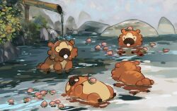 Rule 34 | :3, amara michaels, berry (pokemon), bidoof, buck teeth, closed eyes, closed mouth, gen 4 pokemon, nintendo, no humans, outdoors, pecha berry, pokemon, pokemon (creature), pokemon focus, pokemon tcg, rock, second-party source, smile, solid oval eyes, swimming, teeth, water