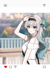 13_(jjusan13) 1girl alternate_costume blue_pupils blue_ribbon blush bracelet brown_hairband dress firefly_(honkai:_star_rail) frilled_dress frills gradient_hair hair_between_eyes hair_intakes hair_ornament hair_ribbon hairband hand_on_own_head honkai:_star_rail honkai_(series) jewelry long_hair multicolored_eyes multicolored_hair open_mouth railing ribbon smile solo teeth tree white_dress