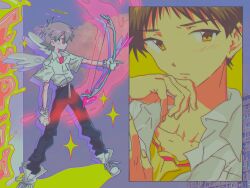2boys angel_wings belt black_pants boots bow_(weapon) brown_hair collared_shirt fishcoooo full_body gloves highres ikari_shinji inset_border male_focus multiple_boys nagisa_kaworu neon_genesis_evangelion pants photo_background pink_eyes shirt sparkle undershirt upper_body weapon white_boots white_gloves white_shirt wings yellow_background yellow_eyes