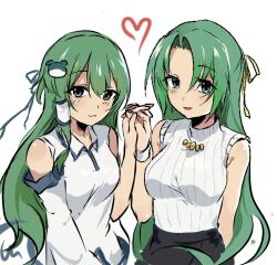 2girls :d bare_shoulders black_skirt blue_ribbon breasts collared_shirt detached_sleeves dot_nose double-parted_bangs frog_hair_ornament green_eyes green_hair hair_intakes hair_ornament hair_ribbon hair_tubes heart higurashi_no_naku_koro_ni holding_hands kochiya_sanae large_breasts long_hair long_sleeves looking_at_viewer multiple_girls open_mouth parted_bangs ribbed_sweater ribbon shirt simple_background single_hair_tube single_sidelock sira-iu skirt sleeveless sleeveless_shirt smile sonozaki_shion sweater touhou turtleneck turtleneck_sweater upper_body very_long_hair white_background white_sweater wide_sleeves wing_collar yellow_ribbon