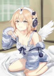 1girl absurdres angel angel_wings armor armored_dress bare_shoulders bed_sheet bedroom blonde_hair coat collarbone curvy dress fate/grand_order fate_(series) feathered_wings fur-trimmed_coat fur_trim halter_dress halterneck headphones headphones_around_head highres indoors jeanne_d&#039;arc_(fate) legwear_cutout long_hair looking_at_viewer metatron_jeanne_(fate) metatron_jeanne_(second_ascension)_(fate) namatako_2416 nightgown official_alternate_costume on_bed open_clothes open_coat pajamas pillow sitting sleepwear socks solo thighs white_socks white_wings wings yellow_eyes