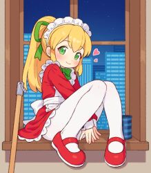 1girl apron blonde_hair blush bow bowtie building commentary_request dress energy_tank frilled_apron frills green_bow green_bowtie green_eyes green_ribbon hair_ribbon heart long_hair long_sleeves looking_at_viewer maid maid_headdress mega_man_(classic) mega_man_(series) night onyhakase pantyhose ponytail red_dress red_shoes ribbon roll_(mega_man) shoes sitting solo white_apron white_pantyhose window windowsill