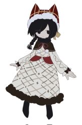1girl alternate_costume animal_hat awawah88 black_eyes black_footwear black_hair bow braid brown_capelet capelet cat_hat christmas closed_mouth commentary corrupted_twitter_file dress english_commentary expressionless eyes_visible_through_hair flat_color full_body funamusea fur-trimmed_dress fur-trimmed_headwear fur_trim grey_dress hair_bow hat highres jitome kurai_yonaka long_hair mistletoe_hair_ornament mogeko_castle pale_skin plaid_clothes plaid_dress red_ribbon ribbon signature simple_background solo white_background yellow_bow