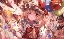 1girl absurdres ascot balloon blonde_hair blurry blurry_background bow closed_mouth crystal crystal_wings depth_of_field english_text fire flandre_scarlet frilled_shirt_collar frills happy_birthday hat hat_ribbon highres holding looking_at_viewer mob_cap one_eye_closed puffy_short_sleeves puffy_sleeves red_eyes red_vest ribbon shirt short_hair short_sleeves smile solo stuffed_animal stuffed_toy teddy_bear top-exerou top_hat touhou upper_body vest white_shirt wings wrist_cuffs yellow_ascot