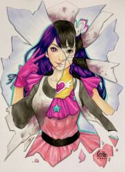 1girl black_hair black_shirt closed_mouth collarbone crack cracked_glass dress earrings eyelashes gloves highres hoshino_ai jewelry long_hair looking_at_viewer oshi_no_ko parted_lips pink_dress pink_gloves purple_hair purple_ribbon revealing_layer ribbon shirt signature solo traditional_media weijic