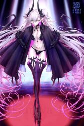 1girl black_jacket black_panties boots breasts demon_wings fate/grand_order fate_(series) full_body green_eyes high_heel_boots high_heels highres horns jacket kamiya_(kamiya_000) lilith_(fate) lilith_(second_ascension)_(fate) looking_at_viewer navel panties pointy_ears pubic_tattoo solo tattoo thigh_boots twintails underwear white_hair wings