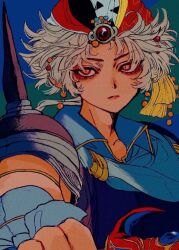 1boy aqua_cape aqua_vest armlet armor brown_eyes cape final_fantasy final_fantasy_ii firion gem grey_hair highres holding holding_sword holding_weapon jewelry long_hair looking_to_the_side male_focus multicolored_headscarf nayo_(kr_000515) ponytail red_gemstone slit_pupils solo spiked_pauldrons sword upper_body weapon