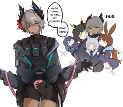 Rule 34 | 5girls, ^ ^, amiya (arknights), animal ears, arknights, arya melati, black gloves, black hair, blue eyes, blush, brown hair, chibi, closed eyes, closed mouth, commentary, dark-skinned female, dark skin, doctor (arknights), english commentary, english text, extra arms, facing viewer, female doctor (arknights), gloves, green eyes, grey hair, hair between eyes, highres, hug, long hair, long sleeves, mon3tr (arknights), motherly, multiple girls, own hands together, pink gloves, raidian (arknights), rosmontis (arknights), short hair, simple background, smile, sparkle, speech bubble, white background