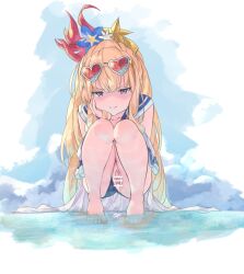 1girl absurdres bar_censor bare_legs barefoot betabeet blonde_hair blue_eyes blue_flower blush bonito cagliostro_(granblue_fantasy) cagliostro_(summer)_(granblue_fantasy) censored closed_mouth clothing_aside cloud cum cum_in_pussy cumulonimbus_cloud eyewear_on_head flower granblue_fantasy hand_on_own_cheek hand_on_own_face head_rest heart heart-shaped_eyewear highres lips long_hair official_alternate_costume pussy red-tinted_eyewear sailor_collar school_swimsuit shallow_water solo squatting swimsuit swimsuit_aside tinted_eyewear toes v-shaped_eyebrows very_long_hair wading water white-framed_eyewear white_flower