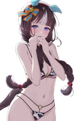 1girl absurdres animal_ears animal_print beret bikini blush braid breasts brown_hair commentary_request cow_print cow_print_bikini ear_covers hands_up hat highres hokko_tarumae_(umamusume) horse_ears horse_girl horse_tail long_hair looking_at_viewer medium_breasts multicolored_hair navel open_mouth print_bikini purple_eyes sayosayo-0 simple_background solo streaked_hair swimsuit tail twin_braids umamusume white_background white_hair white_hat