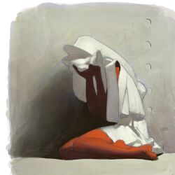 Rule 34 | 1girl, barefoot, colored skin, covering face, dress, full body, gtsleep1200, highres, long hair, on floor, original, puff and slash sleeves, puffy sleeves, red skin, short dress, short hair, sitting, solo, white dress, white hair