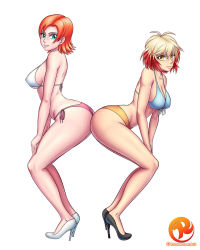 2girls ass ass-to-ass bikini blue_eyes breasts cleavage crossover high_heels highres looking_at_viewer multiple_girls nora_valkyrie orange_hair pascal_(tales) pascal_(tales) reit rwby short_hair simple_background smile swimsuit tales_of_(series) tales_of_graces white_background yellow_eyes