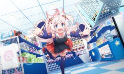 Rule 34 | 1girl, ahoge, animal ear fluff, animal ears, apron, artist request, bell, black apron, blue eyes, blue shirt, blue thighhighs, ceiling, character doll, checkered floor, clumsy, detached sleeves, doll, foot out of frame, fox ears, fox girl, fox tail, from below, hair bell, hair ornament, howan (show by rock!!), indoors, jingle bell, lens flare, merchandise, official art, open mouth, outstretched arms, pink hair, red skirt, sailor collar, sandals, shelf, shirt, shop, shopping basket, short hair, show by rock!!, side ponytail, skirt, sleeveless, sleeveless shirt, solo, sparkle, tail, thighhighs, third-party source, tripping