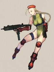 1girl asymmetrical_dual_wielding beret blonde_hair braid breasts cammy_white capcom closed_mouth dual_wielding gloves green_leotard gun gunspike hat holding knee_pads leotard long_hair machine_pistol personal_defense_weapon roller_skates sakamoto_mineji simple_background skates skorpion_vz._61 solo street_fighter submachine_gun twin_braids uzi weapon