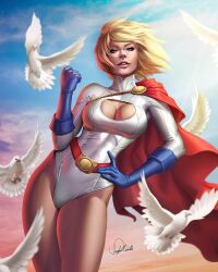1girl bird blonde_hair blue_eyes breasts cape cleavage cleavage_cutout clothing_cutout day dc_comics douglas_bicalho gloves hand_on_own_hip highres leotard looking_at_viewer medium_breasts outdoors power_girl red_cape short_hair signature solo white_bird white_gloves white_leotard