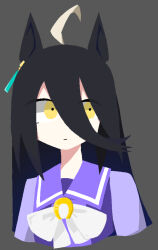 1girl ahoge animal_ears black_hair bow bowtie closed_mouth ear_tag earrings green_background highres horse_ears horse_girl jewelry kage_shark long_hair long_sleeves manhattan_cafe_(umamusume) multicolored_hair purple_sailor_collar purple_shirt sailor_collar school_uniform shirt simple_background single_earring solo tracen_school_uniform umamusume very_long_hair white_bow white_bowtie white_hair yellow_eyes