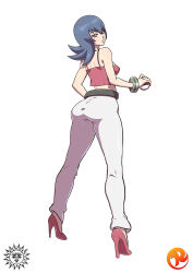 00s 1girl artist_collaboration ass bad_deviantart_id bad_id belt black_hair bracelet breasts covered_erect_nipples creatures_(company) crop_top female_focus from_behind full_body game_freak gym_leader high_heels highres jewelry long_legs looking_at_viewer looking_back maniacpaint medium_breasts nintendo patreon poke_ball pokemon pokemon_hgss purple_eyes reit sabrina_(pokemon) short_hair solo spaghetti_strap white_background