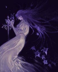 1other androgynous belt bug butterfly butterfly_on_hand cruentum_noctis dark_background elden_ring elden_ring:_shadow_of_the_erdtree flower highres holding holding_sword holding_weapon insect limited_palette long_hair pale_skin puffy_short_sleeves puffy_sleeves purple_hair short_sleeves solo st._trina_(elden_ring) sword tunic very_long_hair weapon white_tunic