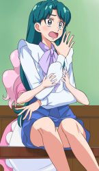 2girls blue_eyes blue_hair go!_princess_precure haruyama_kazunori hug hug_from_behind kaidou_minami long_hair multiple_girls open_mouth panties pantyshot pink_hair precure puff_(go!_princess_precure) puff_(go!_princess_precure)_(human) sitting underwear