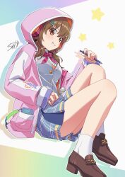1girl blue_skirt brown_eyes brown_hair brown_shoes cellphone full_body grey_vest headphones holding holding_pen hood hood_up hooded_jacket hori_yuko idolmaster idolmaster_cinderella_girls jacket medium_hair parted_lips pen phone pleated_skirt shirt shoes skirt smartphone smile solo tyuga vest white_shirt yukkotyuga