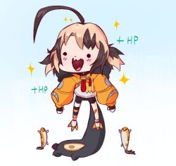 1girl :3 :d ahoge bandaid bandaid_on_knee bandaid_on_leg black_gloves black_shorts brown_hair commentary creature derivative_work english_commentary fingerless_gloves gigi_murin gigi_murin_(1st_costume) gloves grem_(gigi_murin) highres hololive hololive_english huge_ahoge long_sleeves mascot multicolored_hair open_mouth orange_shrug orange_thighhighs short_hair shorts single_thighhigh smile solid_circle_eyes solo sparkle striped_clothes striped_thighhighs thighhighs twintails two-tone_hair virtual_youtuber yambot