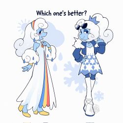 1girl alternate_costume alternate_hairstyle blue_skin blush boots choker cloud_hair colored_skin deltarune dress elnina_(deltarune) eyelashes hairband highres jacket long_dress open_clothes open_jacket ponytail rain reignbeaux13 shoes smile snowflake_print snowflakes sunglasses water_drop white_dress white_hair yellow_shoes
