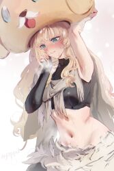 Rule 34 | 1girl, absurdres, armpits, bandaged arm, bandages, blonde hair, blue eyes, blush, breasts, closed mouth, commentary, cowboy shot, crop top, embarrassed, english commentary, hand up, highres, honkai (series), honkai impact 3rd, large breasts, long hair, looking down, mascot head, navel, nyeppu, scarf, signature, solo, songque, songque (amber street), steaming body, stomach, sweat, very long hair