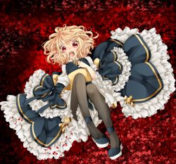 Rule 34 | 1girl, arch bishop (ragnarok online), black dress, black shoes, blonde hair, blush, breasts, commentary request, cross, dress, frilled dress, frilled sleeves, frills, full body, grey pantyhose, looking at viewer, lying, meiko (nattu303), on back, open mouth, pantyhose, pointy ears, ragnarok online, red background, red eyes, sash, shoes, small breasts, solo, two-tone dress, white dress, yellow sash