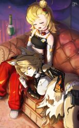2girls animal_ears black_choker black_shirt blonde_hair body_fur breasts cat_ears cat_girl cat_tail choker cleavage closed_eyes closed_mouth furry furry_female geumsu_(njvu7233) highres lace-trimmed_sleeves lace_trim large_breasts long_hair medium_hair multiple_girls o-ring o-ring_thigh_strap on_lap open_mouth pants piper_wheel ponytail pulchra_fellini red_choker red_pants shirt tail thigh_strap white_shirt yellow_fur zenless_zone_zero