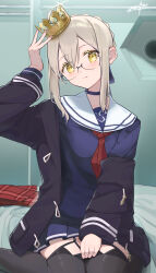 1girl absurdres artoria_pendragon_(fate) bed bed_sheet between_legs black-framed_eyewear black_coat black_thighhighs blonde_hair blush braid breasts closed_mouth coat crown fate/grand_order fate_(series) gasatsuneo glasses hair_between_eyes hand_between_legs hand_up highres indoors long_sleeves looking_at_viewer mysterious_heroine_x_alter_(fate) mysterious_heroine_x_alter_(first_ascension)_(fate) on_bed open_clothes plaid_clothes plaid_scarf red_scarf scarf school_uniform semi-rimless_eyewear sitting skirt solo thighhighs under-rim_eyewear yellow_eyes
