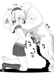 1boy 1girl animal_penis bar_censor bestiality breasts censored dog dog_penis erection female gloves hetero huge_penis imminent_penetration kantai_collection kashima_(kancolle) looking_at_viewer male medium_breasts monochrome open_mouth penis penis_grab ponytail side_ponytail simple_background tsurugi_muda white_background white_gloves