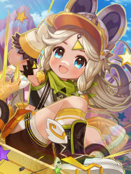 1girl adjusting_clothes adjusting_headwear animal_ears arm_up baseball_cap blonde_hair blue_eyes blue_sky blush boots braided_sidelocks crop_top day dot_nose feet_out_of_frame flipped_bangs forehead_jewel genshin_impact gloves green_scarf happy hat highres kachina_(genshin_impact) light_rays long_hair looking_to_the_side mismatched_eyebrows mojuke open_mouth outdoors outline scarf shorts sitting sky solo star_(symbol) tank_top winged_boots yellow_outline
